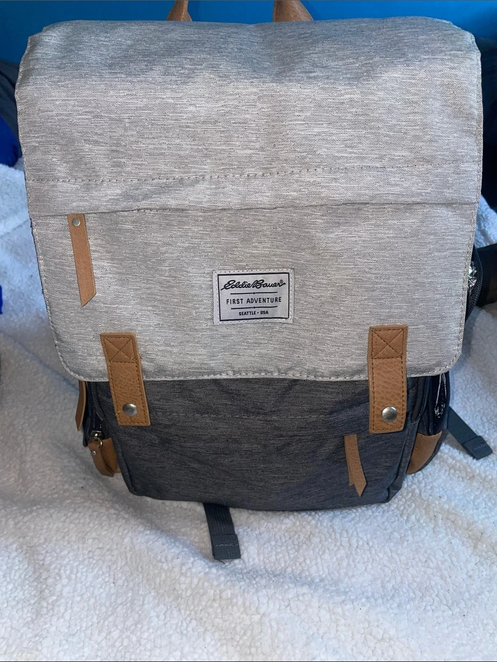 Eddie Bauer Two-Tone Gray and Light Gray Canvas diaper bag with Tan Accents